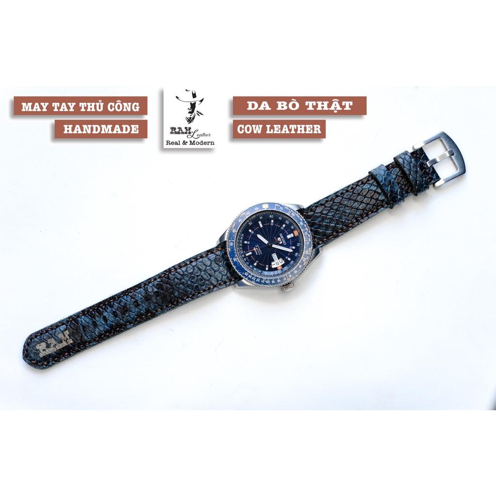 Dây đồng hồ da dê handmade bền chắc cao cấp xanh dương navy RAM 1998 - tặng khóa chốt và cây thay dây