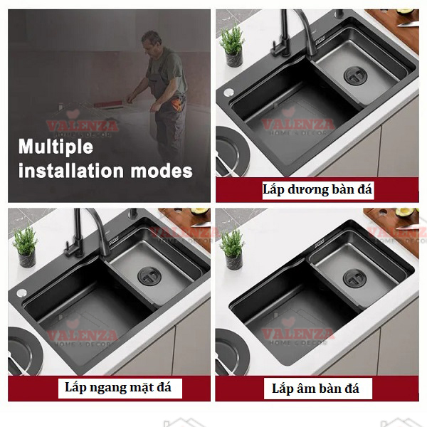Chậu rửa bát 1 hố lớn inox 304 nano đen Valenza dày 3,5li kèm chậu phụ inox, bộ xả to ngăn mùi-Hàng chính hãng