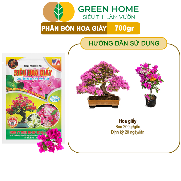 Phân Bón Hoa Giấy Greenhome, Bao 700gr, Hữu Cơ, Giúp Thân Cứng Cáp, Tạo Tán, Ra Bông Nhiều, Lâu Tàn