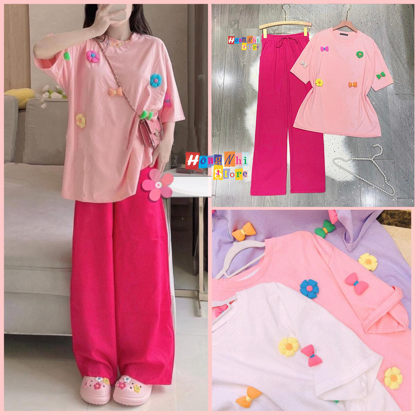 Set Bộ Thun Nơ Hoa Nổi Tay Lửng Phối Quần Thun Gân Ống Rộng Oversize Ulzzang Dáng Rộng - MM