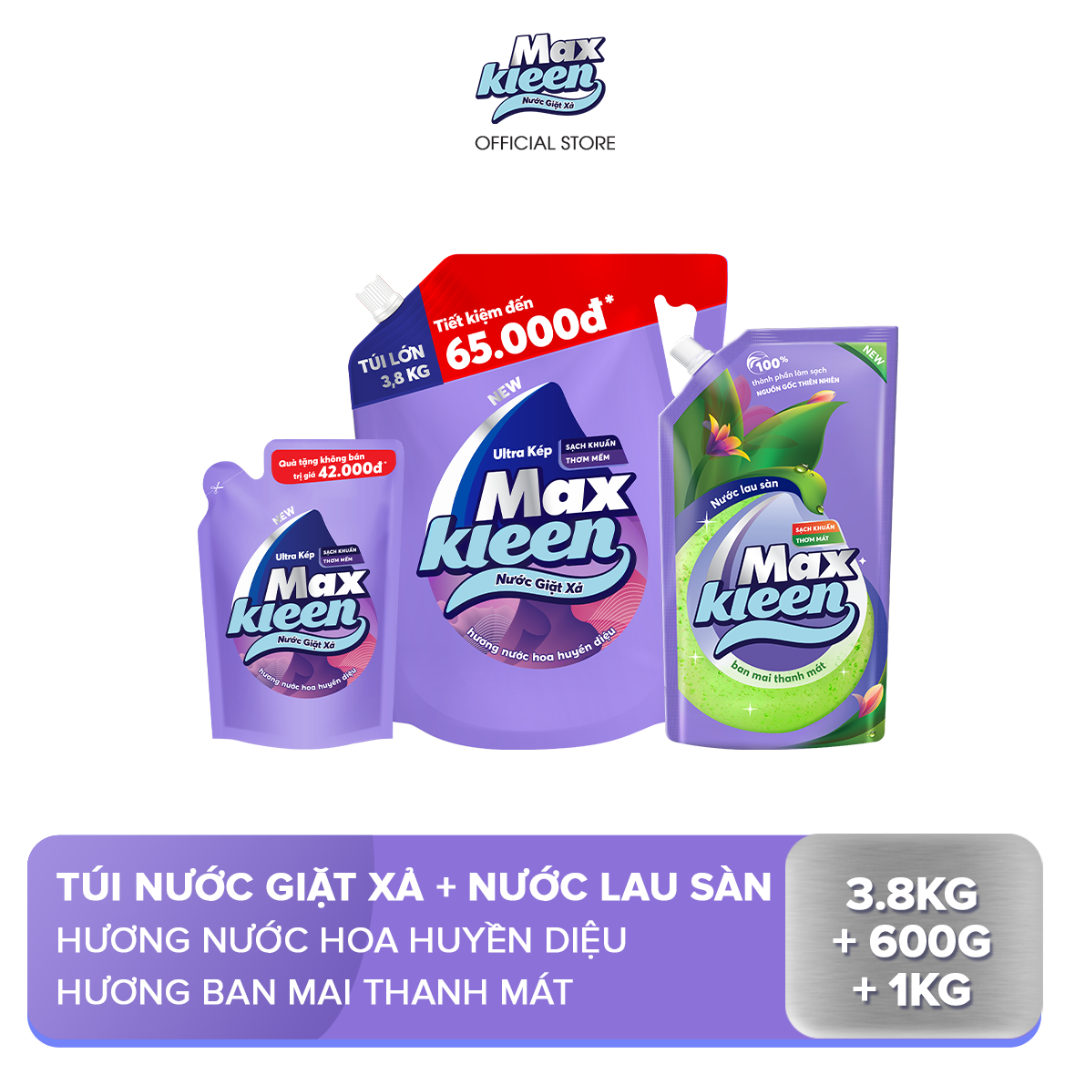 CB túi nước giặt xả MaxKleen hương huyền diệu 3.8kg + 600g &amp; túi nước lau sàn 1KG