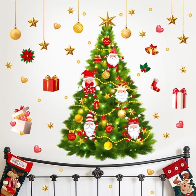 Decal dán tường trang trí Noel - Cây thông size lớn phối phụ kiện noel