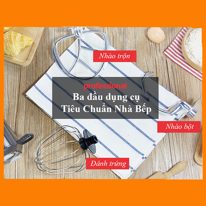 Máy nhồi, trộn, bột đánh trứng nhà bếp làm bánh tự động 5 lít, 3 đầu tiêu chuẩn tặng kèm vá múc bột, có nắp đậy tô an toàn sạch sẽ, Hàng Chính Hãng