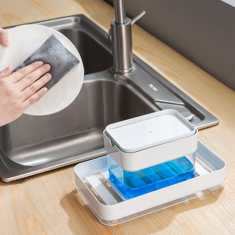 Hộp Đựng Xà Phòng Và Miếng Bọt Biển Cao Cấp 2 Trong 1, Bình Bơm Xà Phòng Máy Rửa Chén Cho Mặt Bàn Bếp, Màu Trắng