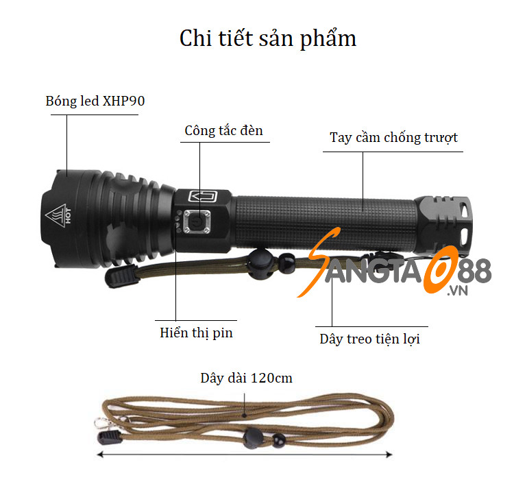 Đèn pin siêu sáng cầm tay chiếu xa, công suất lớn CREE P90 (Tặng miếng thép mini đa năng 11in1)