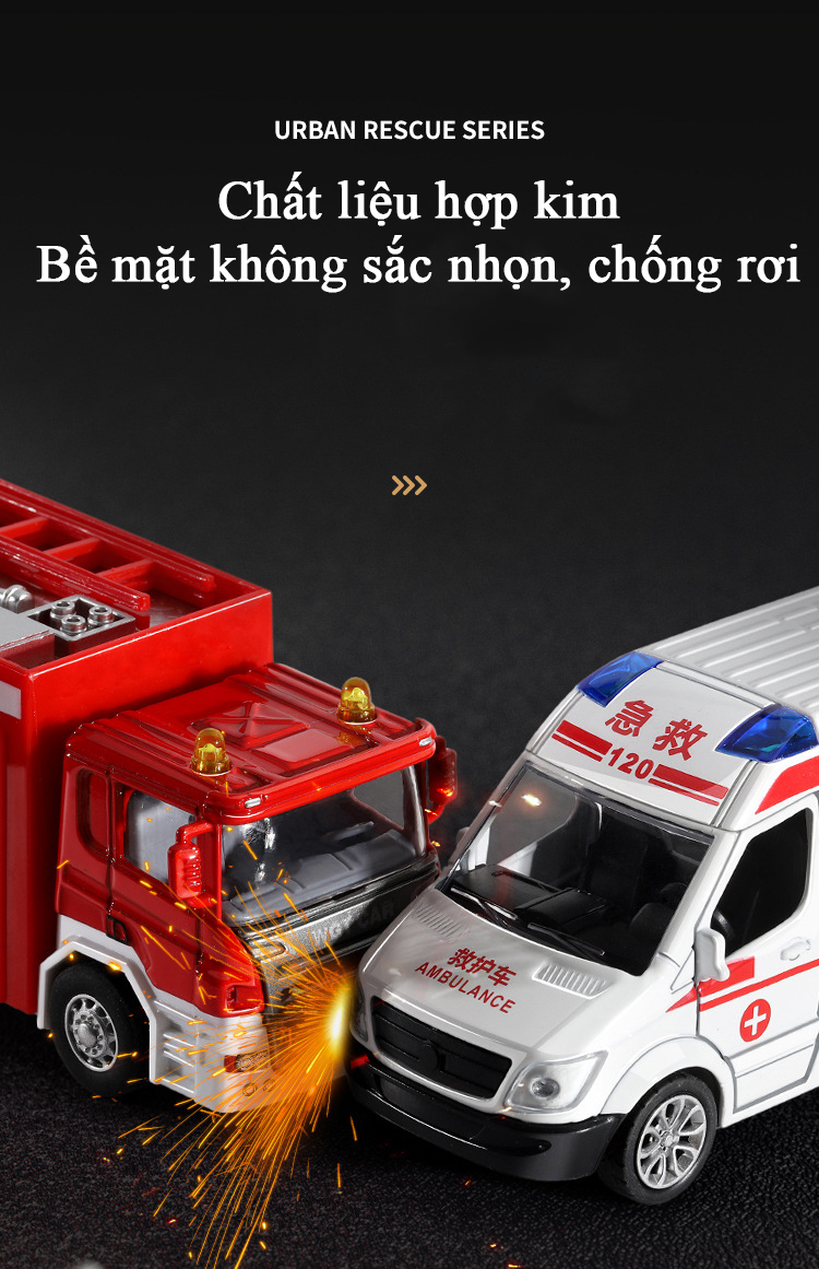 Hộp quà đồ chơi xe cảnh sát xe cứu hoả, cứu thương bằng hợp kim có nhạc và đèn gồm 5 chiếc