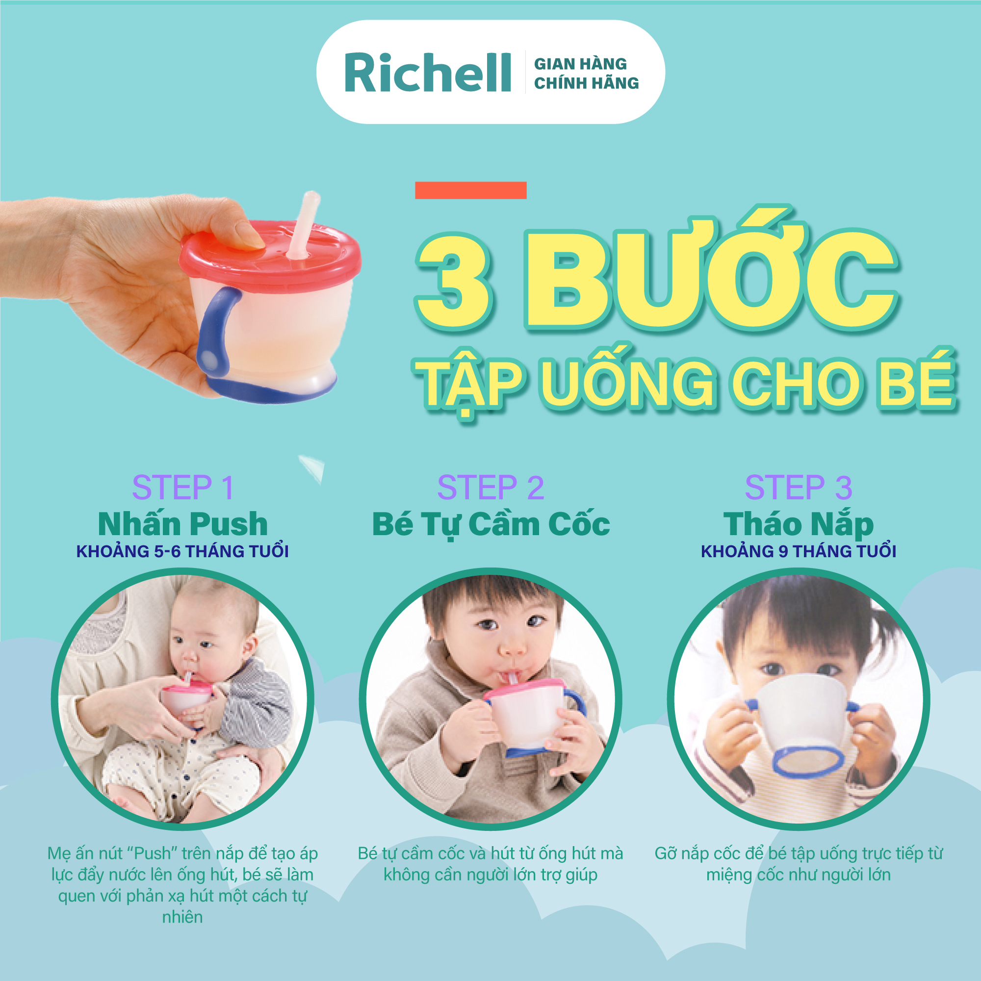 Bộ cốc tập uống 3 giai đoạn AQ &amp; bình ống hút AQ Richell Nhật Bản | Baby