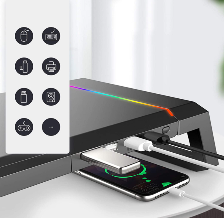 Kệ nâng cao máy tính đa chức năng với đèn chiếu sáng RGB và 4 cổng USB 3.0, Giá đỡ màn hình có thể gập lại, tải 30kg / 66Ib