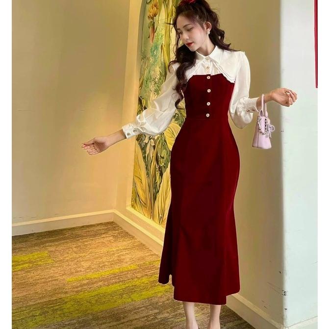 FRESHIP Đầm body màu đỏ phối trắng tay dài cổ sơ mi đính nút kiểu đầm dự tiệc KIMGIA DS