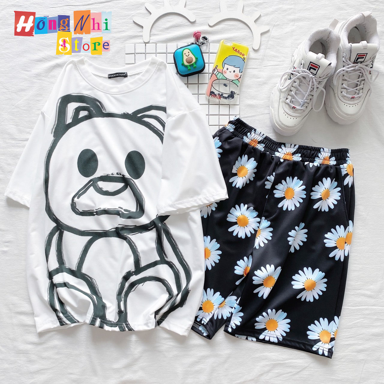 Quần Short Cartoon Unisex Hoa Cúc - Quần Đùi Hoạt Hình Siêu Cute - MM