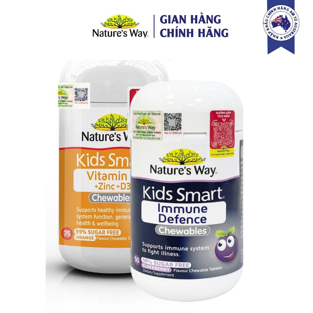 Combo 2 Viên Nhai Cho Bé Nature's Way Kids Smart Vitamin C+ZinC+D3 Và Immune Defence Bổ Sung Vitamin, Tăng Cường Miễn Dịch