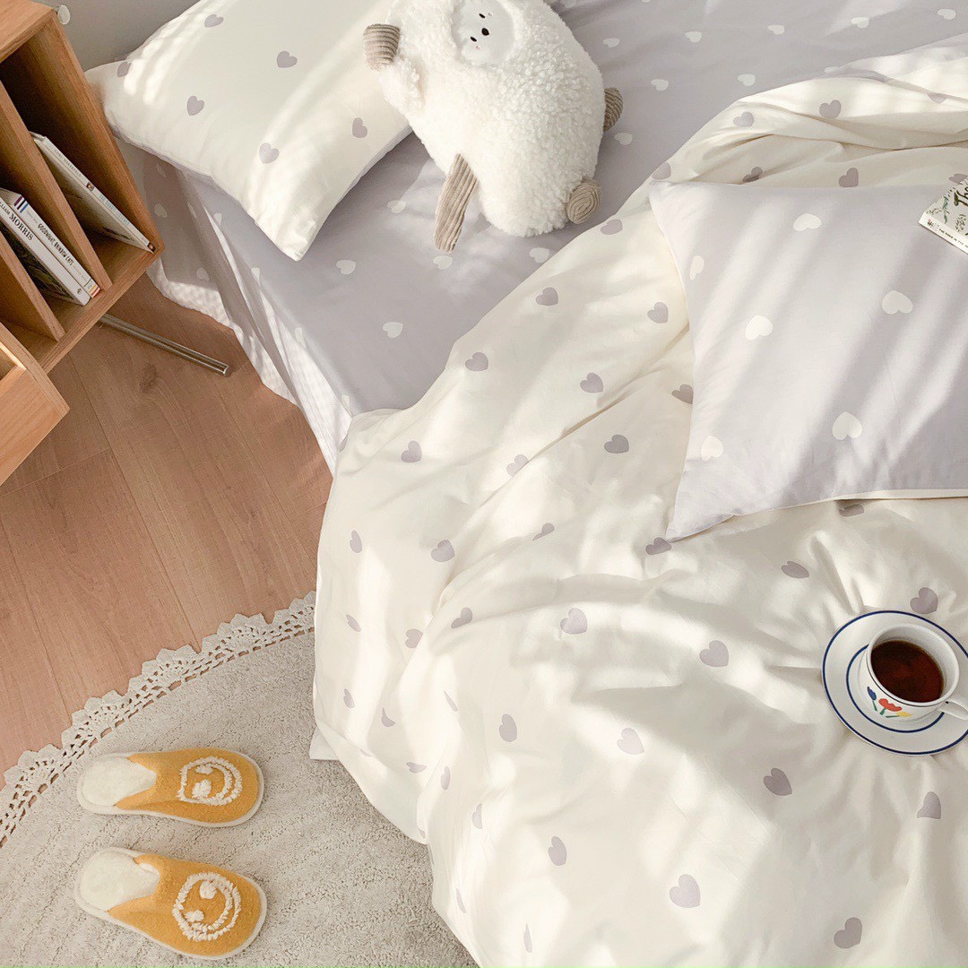 Bộ chăn chần ga gối cotton sử dụng 2 mặt LIDACO SP001450 - Tim xám trắng