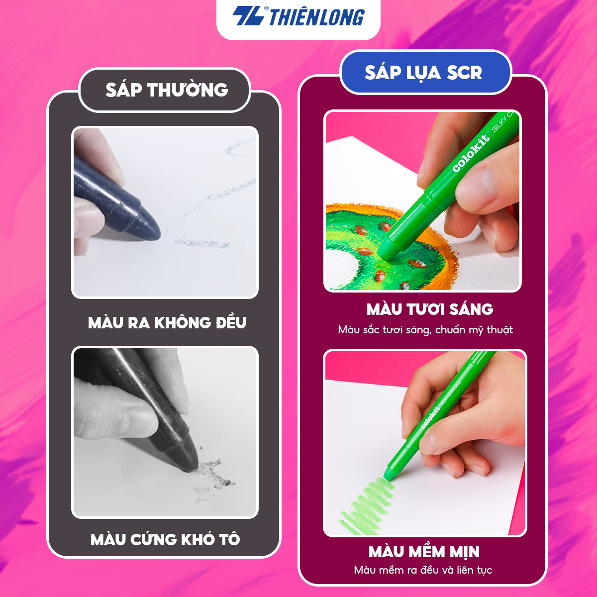 Bút sáp lụa vặn - Silky Crayons Thiên Long Colokit - Mềm khô nhanh không lem