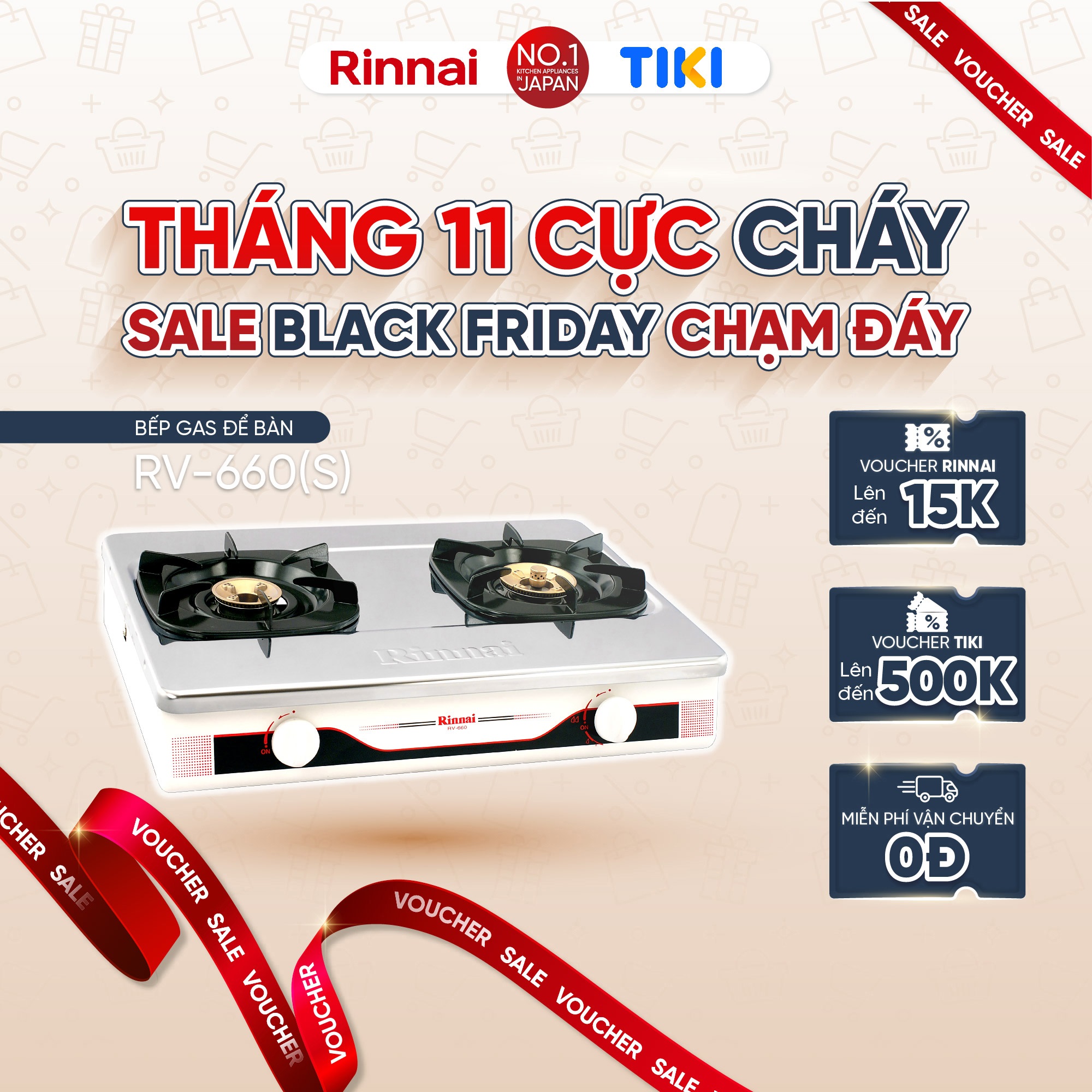Bếp gas dương Rinnai RV-660(S) mặt bếp inox và kiềng bếp men - Hàng chính hãng.