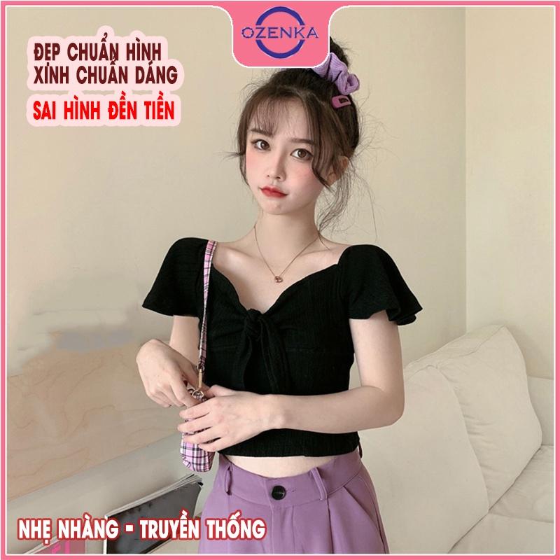 Hình ảnh Áo croptop ngắn tay cánh tiên nữ, áo thun ôm trễ vai gợi cảm nữ tính thun gân 100% cotton đen trắng dưới 50kg