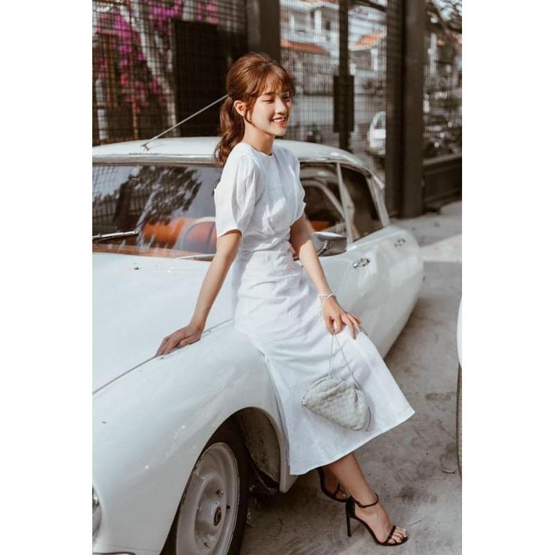 Đầm váy nữ midi nhíu eo tay phồng có 4 màu TKN
