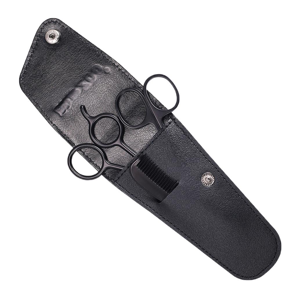Nose Beard Mustache Scissors and Comb Set for Men Women Care With Bag Black