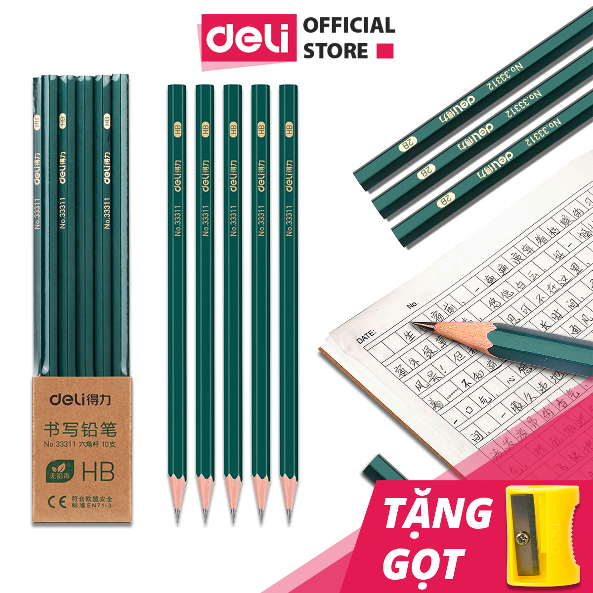 Bút chì lục giác vỉ 10 chiếc Nusign - Tặng kèm gọt bút chì - Loại 2B/HB - 33311 / 33312