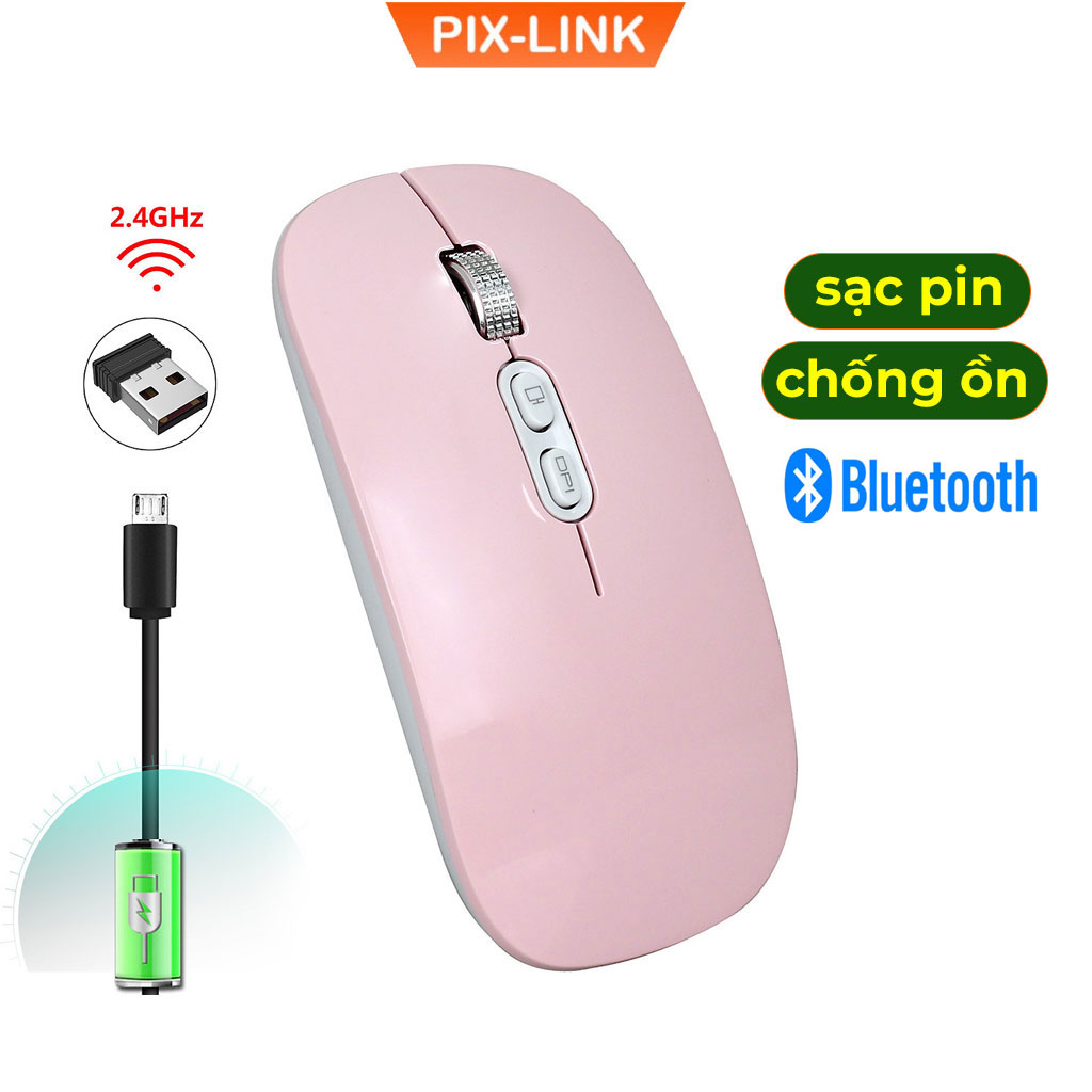 Chuột Bluetooth Pixlink P103Bl 2 Chế Độ Sạc Pin Siêu Mỏng Không Gây Tiếng Ồn Chuyên Dùng Cho Máy Tính, Pc, Laptop, Tivi Hàng Chính Hãng - Hồng