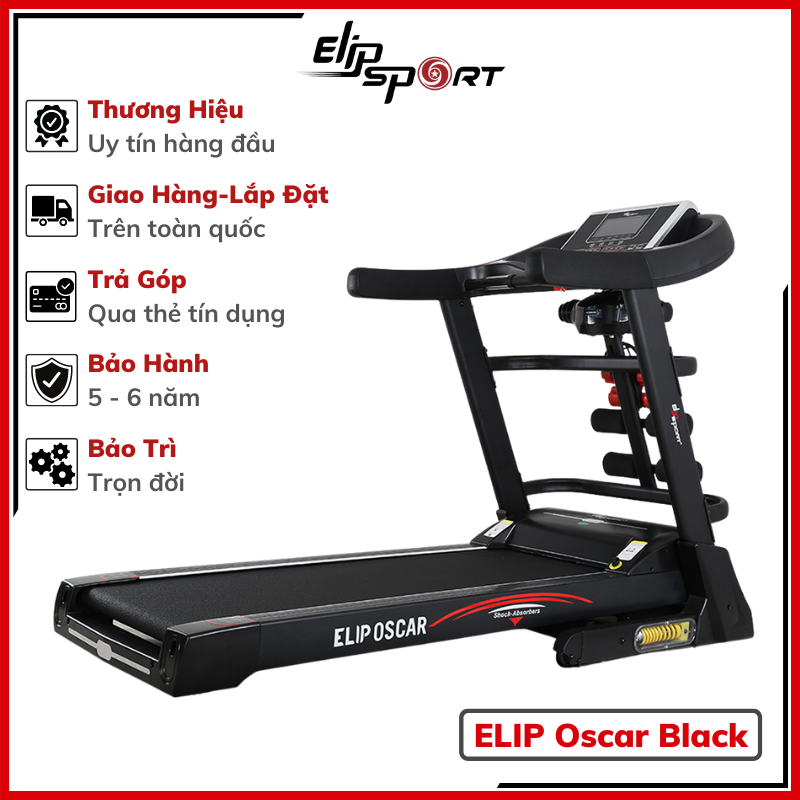 Máy chạy bộ điện ELIP Oscar chính hãng, Công suất 4.0HP, nâng dốc tự động, có đai massage, thanh gập bụng