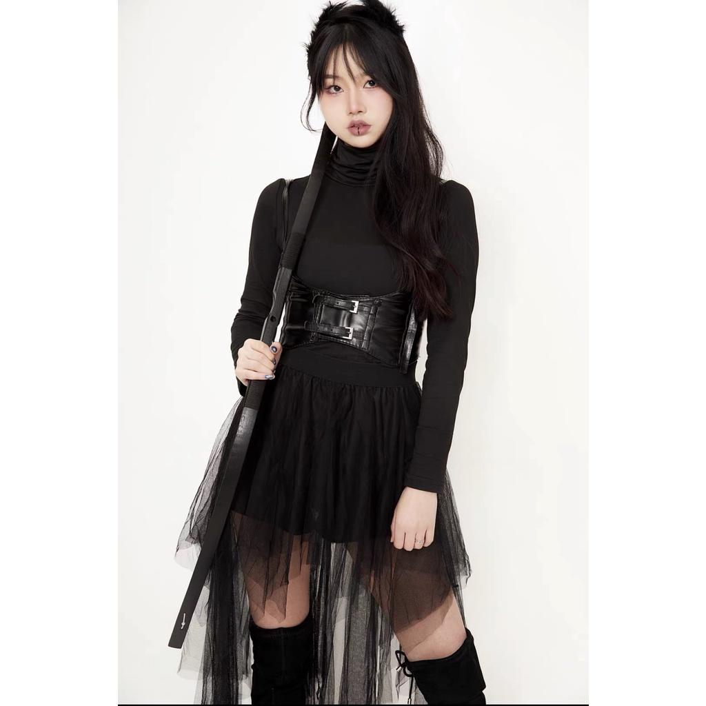 【 】Đai corset có dây trendy gothic màu nâu da PU siêu dày dặn