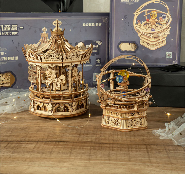 Đồ chơi lắp ráp gỗ 3D Mô hình Hộp nhạc Starry Night AMK51 Orrery Mechanical Music Box