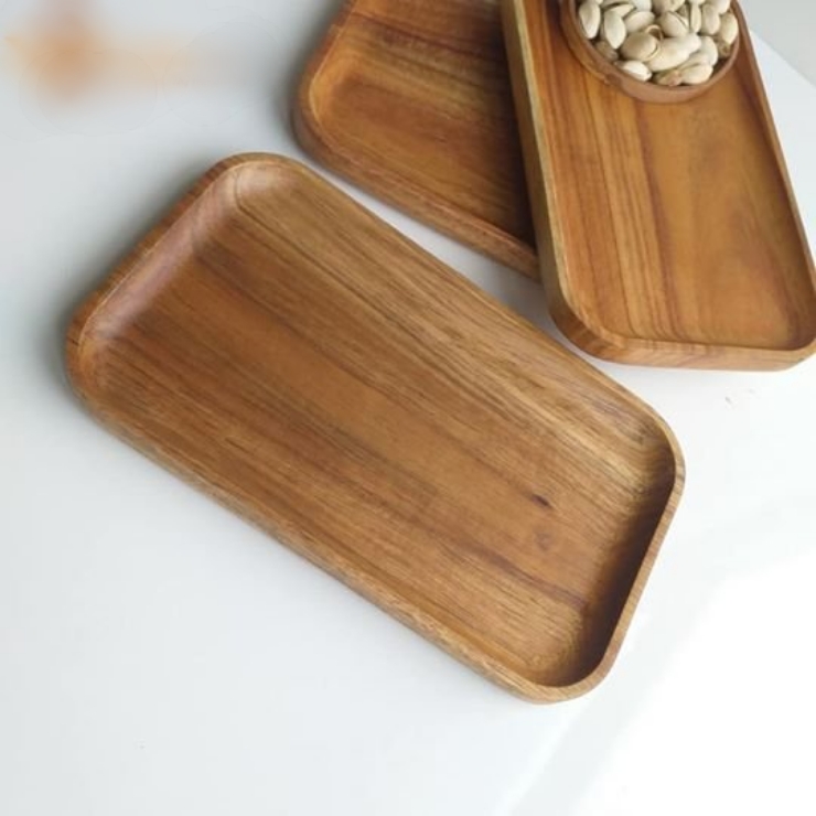 Khay gỗ đựng trà, bánh, khay phục vụ gỗ keo màu nâu xám bóng đẹp.
