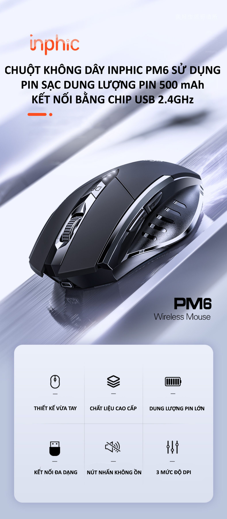 Chuột không dây INPHIC PM6BS sử dụng pin sạc kết nối bằng USB 2.4G, Bluetooth 5.0 với nút nhấn silent không tiếng ồn - Hàng Chính Hãng
