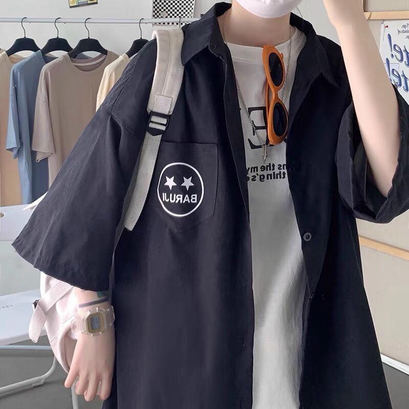 Hình ảnh Áo Sơ Mi Tay Lỡ Unisex Form Rộng Mặt Sao Nam Nữ Oversized Kaki Phong Cách Hàn Quốc Ulzzang