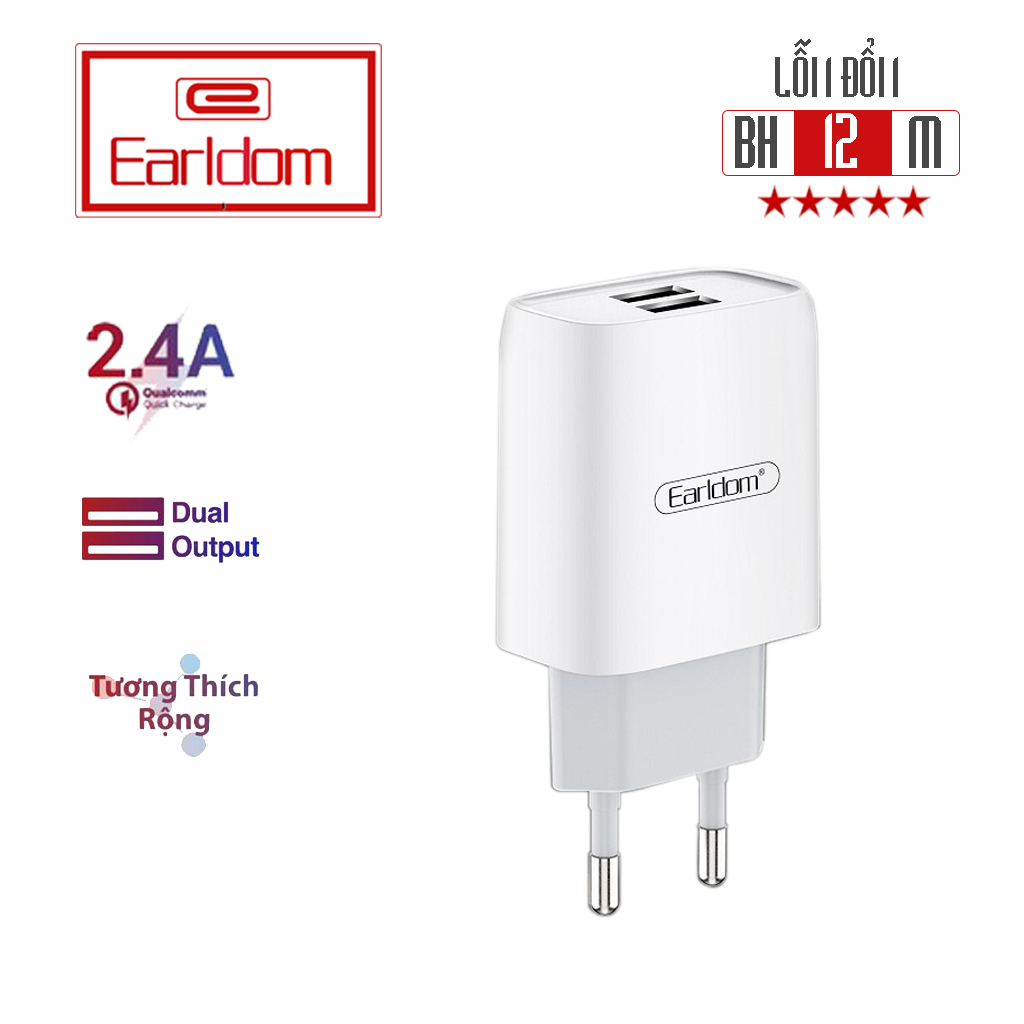 Củ sạc nhanh 5V/2.4A ES Earldom-196, 2 cổng USB dùng cho điện thoại di động, máy tính bảng, hàng chính hãng bh 1 năm