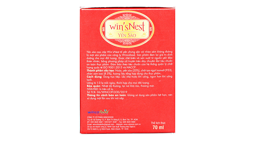 Thùng 72 lọ Yến Sào win'sNest Tổ Yến Chưng Sẵn nhân sâm không đường lọ (70ml)