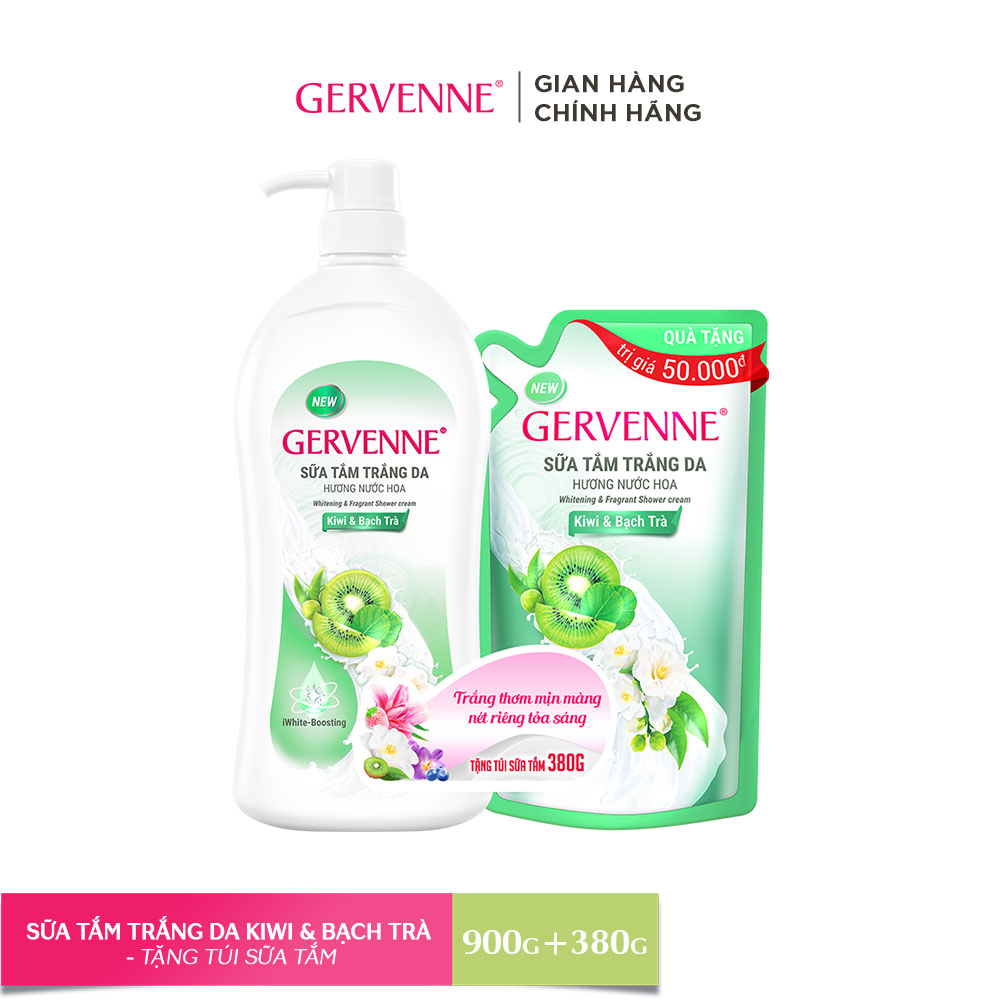 [ Mua 1 Tặng 1] Sữa tắm trắng da Gervenne hương Kiwi &amp; Bạch Trà 900g + Tặng Túi sữa tắm trắng da 380g