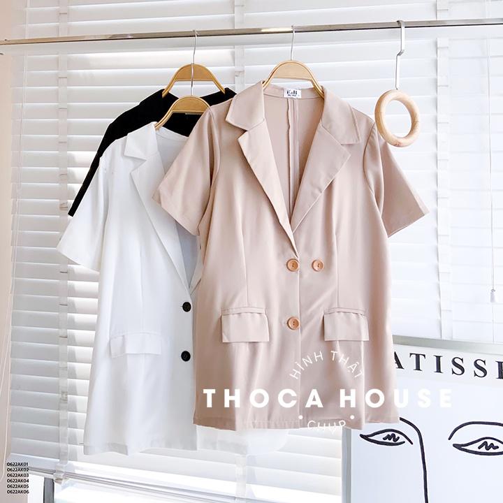 Áo vest nữ tay ngắn trơn khoác blazer túi nấp 3 nút THOCA HOUSE thanh lịch, dễ phối đồ