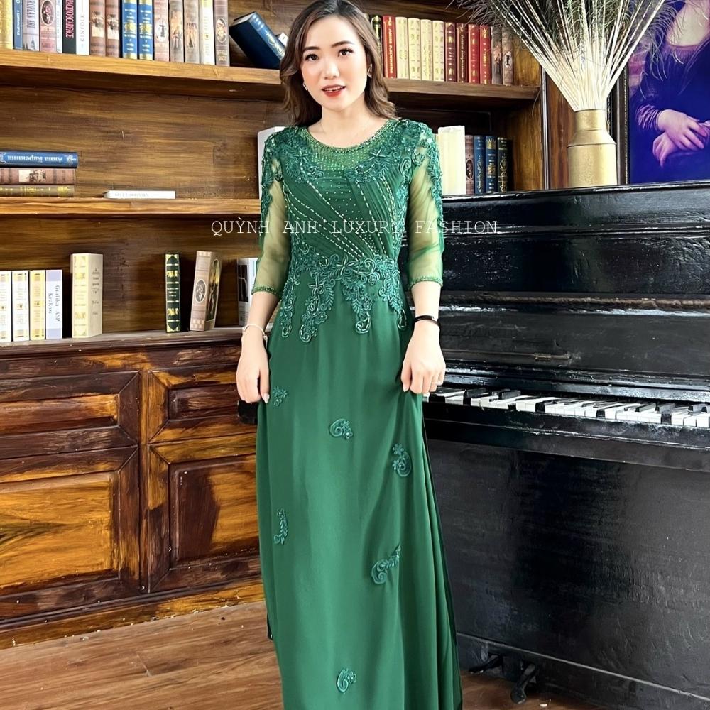 Váy Dạ Hội Áo Dài Xanh Rêu Trung Niên Sang Trọng Cao Cấp Florence Dress