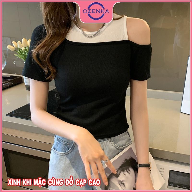 Áo croptop trễ vai cộc tay nữ OZENKA , crt ôm body thun gân 100% cotton đẹp màu đen trắng