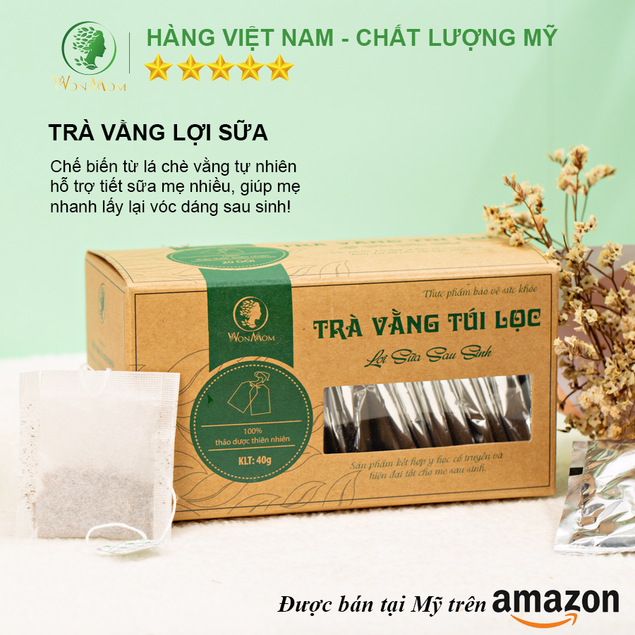 Trà vằng túi lọc lợi sữa, nhanh lấy lại vóc dáng sau sinh Wonmom 40gr ( 20 Túi/Hộp )