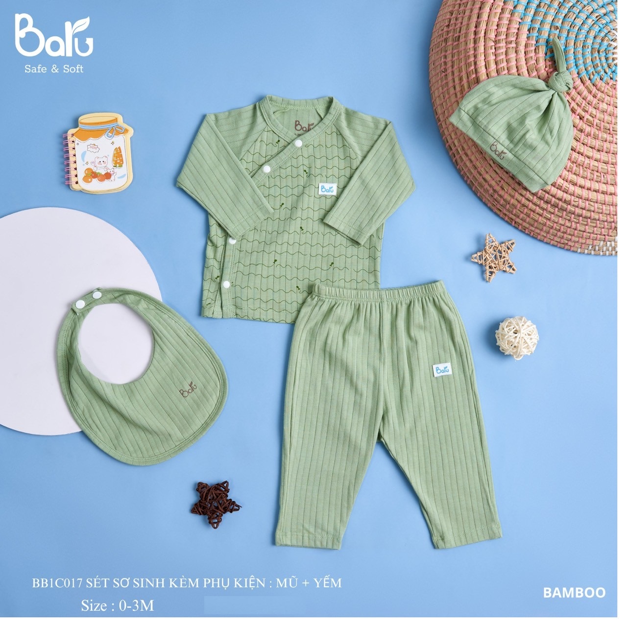 Bộ sơ sinh  BARU cotton dài tay,cài lệch kèm phụ kiện thời trang trẻ em ( 0-3m )