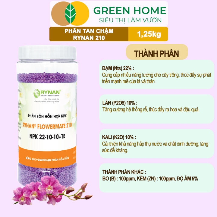 Phân Tan Chậm GreenHome, Rynan 210, Hũ 1,25kg, Dùng Cho Phong Lan Trưởng Thành, Đủ Dưỡng Chất