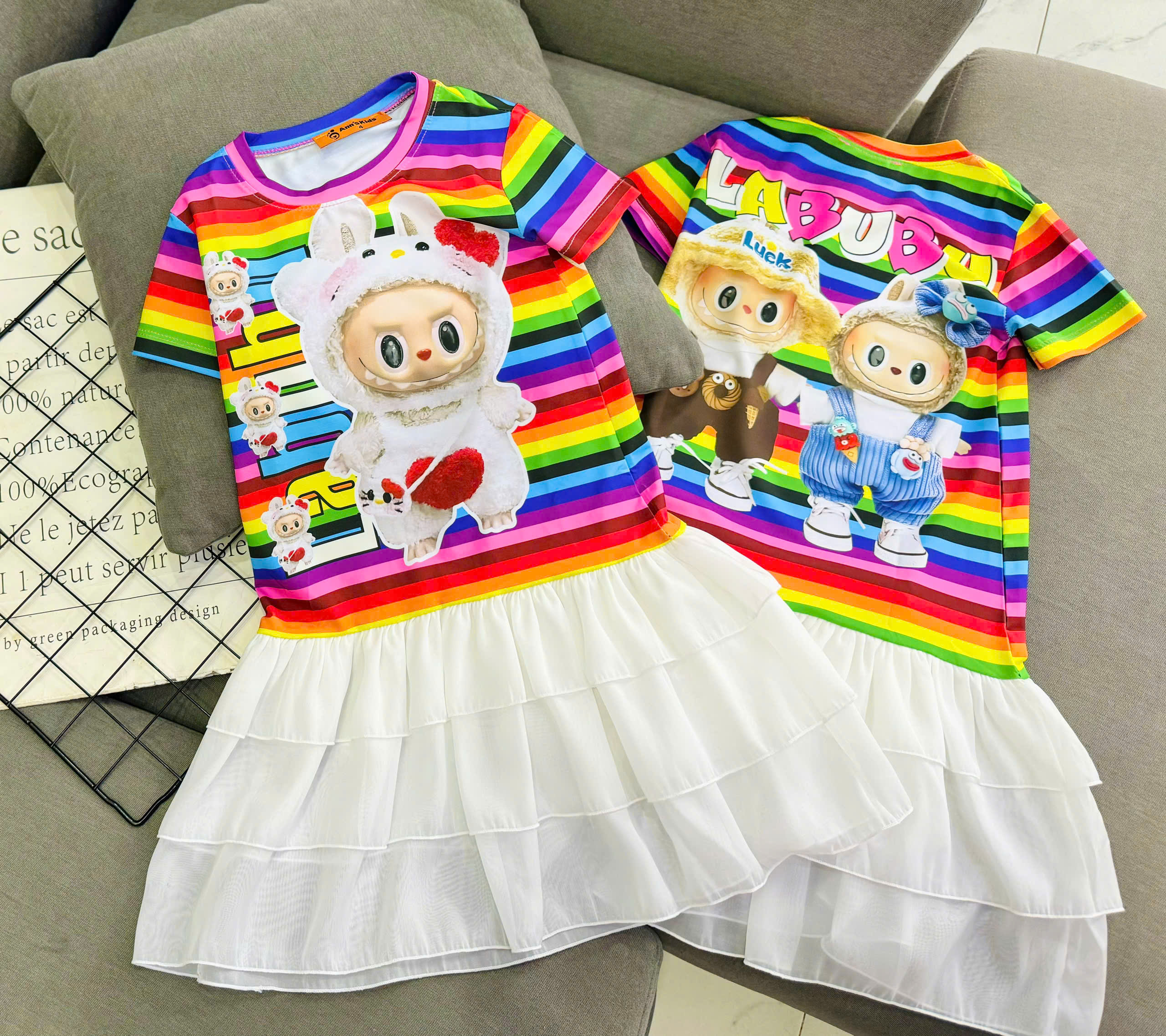 Đầm váy suông cho bé gái diện tết labubu baby three capybara size 12-45kg chất thun lạnh mềm mát
