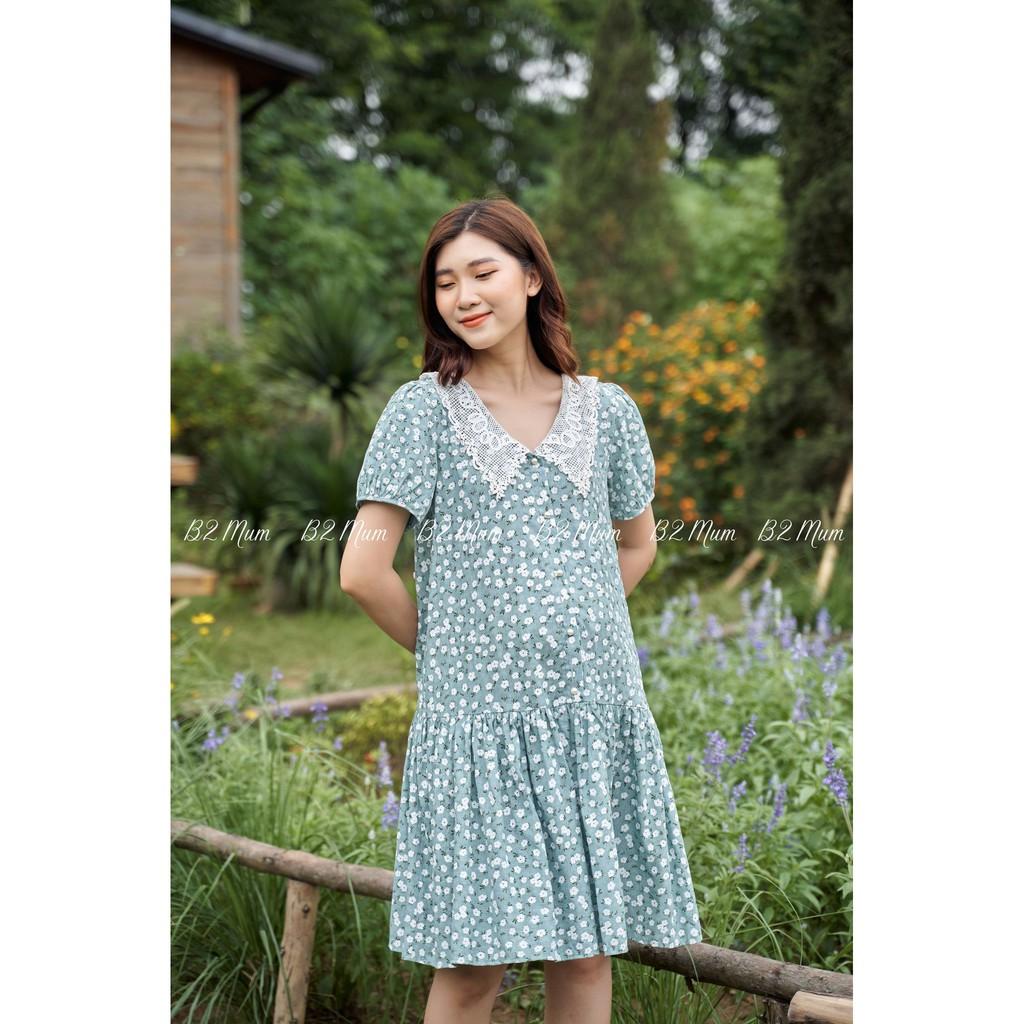 V427 Váy tằm hoa xanh cổ ren