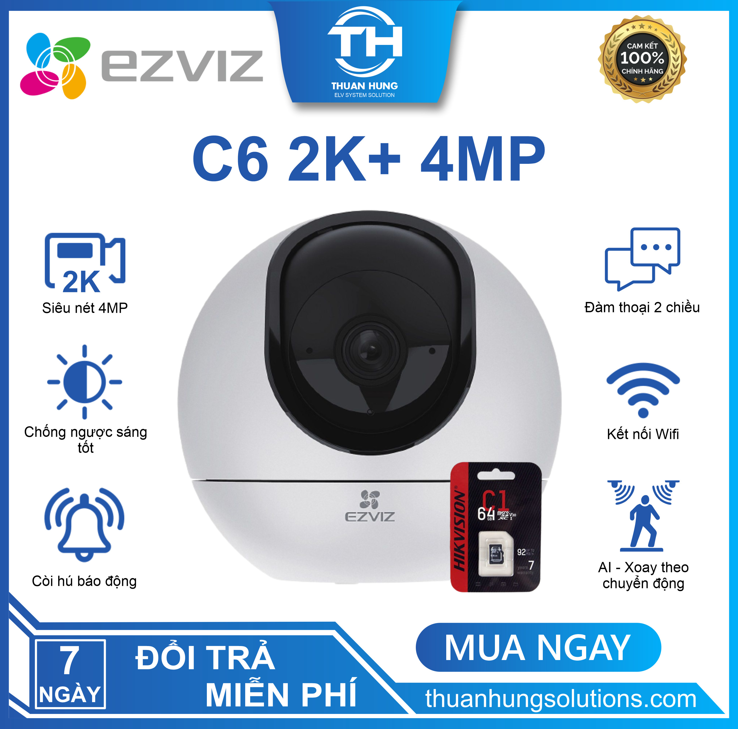 Camera Wifi EZVIZ C6, Camera xoay 360 Độ Phân Giải 2K+, Hỗ trợ băng tần kép, Đàm Thoại 2 Chiều, Tự Động Thu Phóng Chuyển Động, Điều khiển và nhận dạng bằng hành động vẫy tay - Hàng Chính Hãng