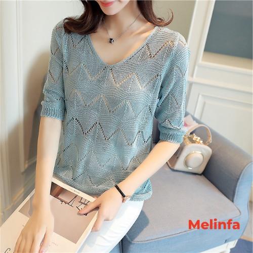 Áo len mỏng nữ cổ V tay lửng dập lỗ len dệt kim mềm mịn co giãn mặc mùa hè mã VAA0314