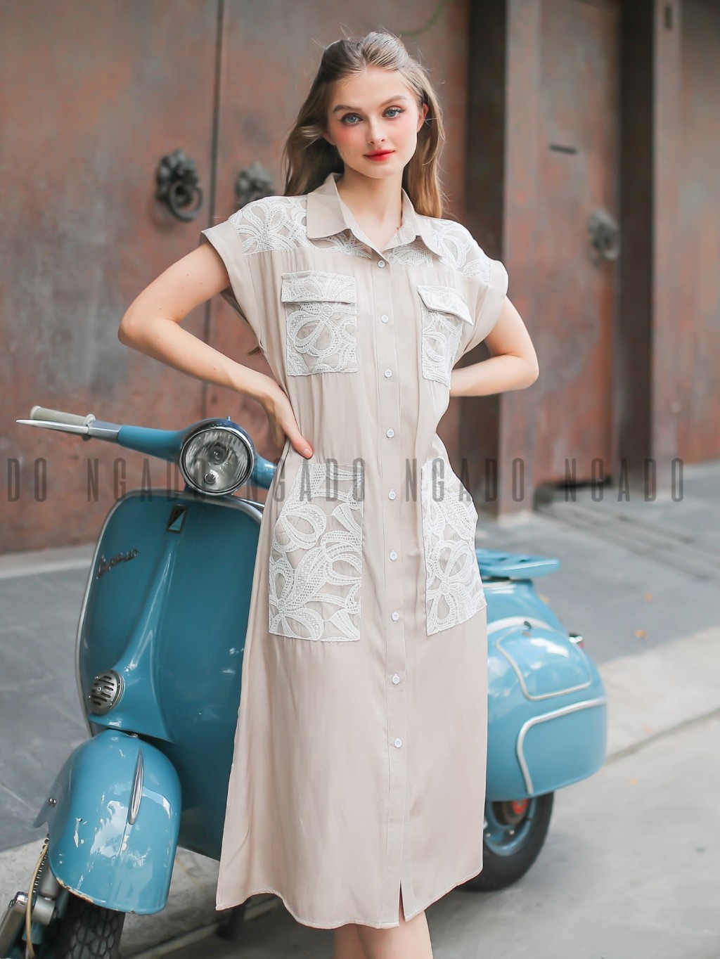 Đầm sơ mi nude phối ren NGADO