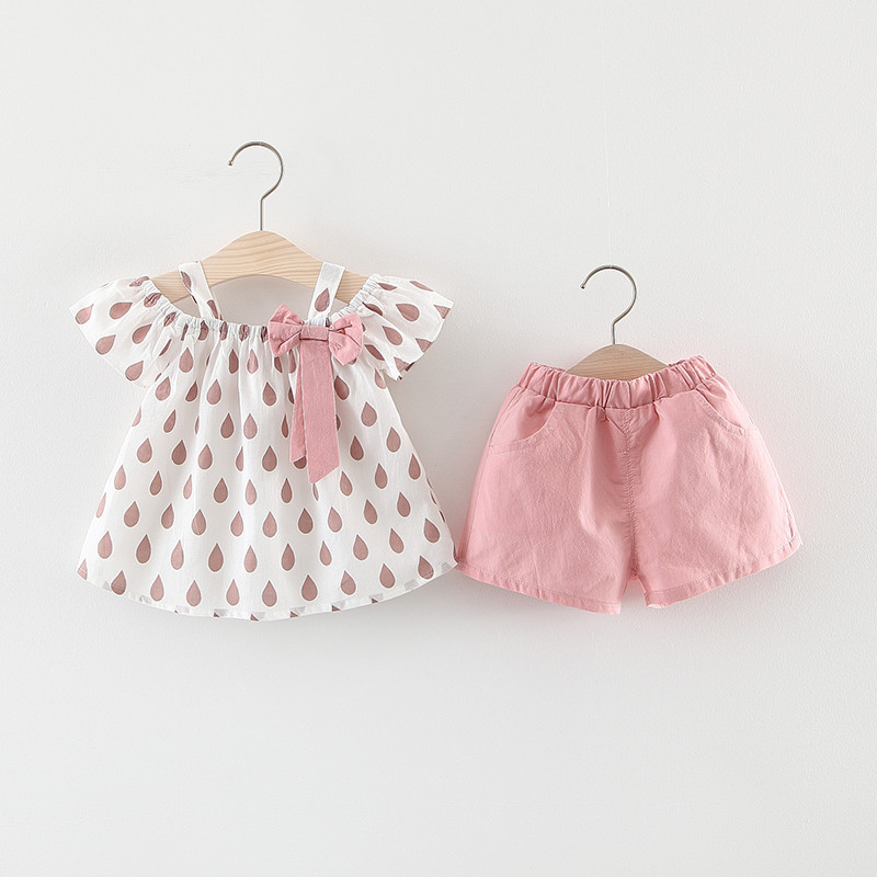 Bộ Quần Áo 2 Dây Trễ Vai Xuất Hàn Họa Tiết Hạt Mưa Đính Nơ Điệu Đà Cho Bé Gái