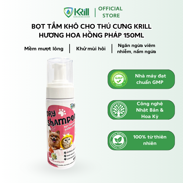 Bọt tắm khô cho thú cưng KRILL hương Hoa Hồng Pháp 150ml mềm mượt lông, khử mùi hôi, ngăn ngừa viêm nhiễm, nấm ngứa