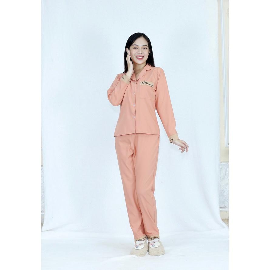 Bộ đồ bộ Pijama MÀU HỒNG CAM QUẦN DÀI TAY DÀI PHA CHỮ siêu lụa - Thoải Mái Nhẹ Nhàng co giãn nhẹ