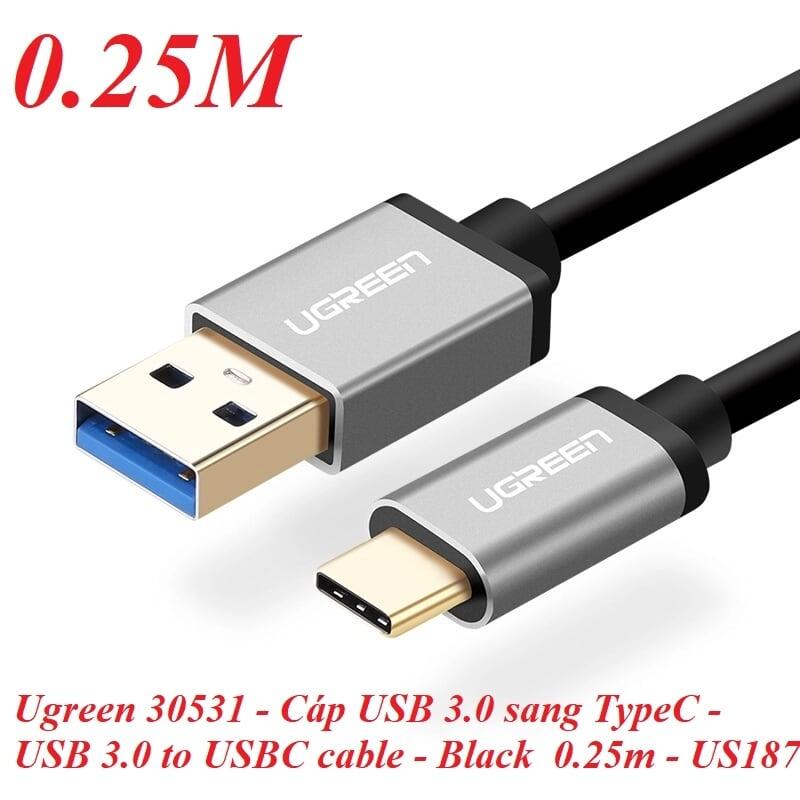 Ugreen UG30531US187TK 0.25M màu Đen Cáp dữ liệu USB Type-C sang USB 3.0 truyền dữ liệu từ máy tính ra điện thoại - HÀNG CHÍNH HÃNG