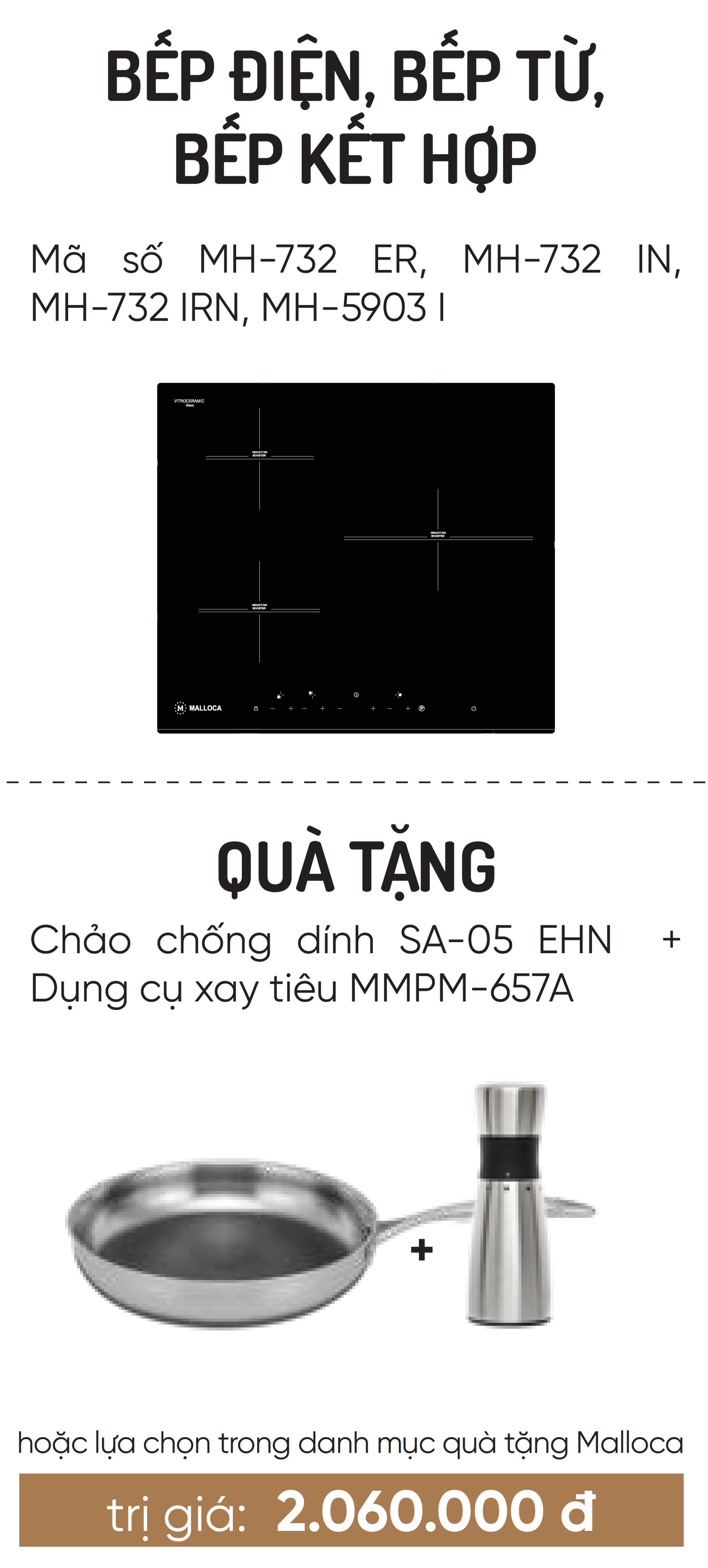 Bếp kính âm 2 từ MH-732 IN - Tặng dụng cụ xay tiêu + Chảo cao cấp - Hàng chính hãng