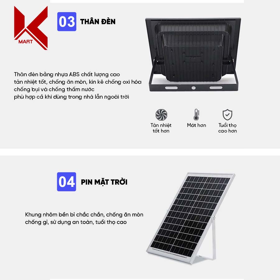 Bộ đèn LED năng lượng mặt trời Solar Light 500W IP67 chất lượng cao, có cảm biến tự động, dải led báo pin, tích hợp điều khiển từ xa -K-Mart