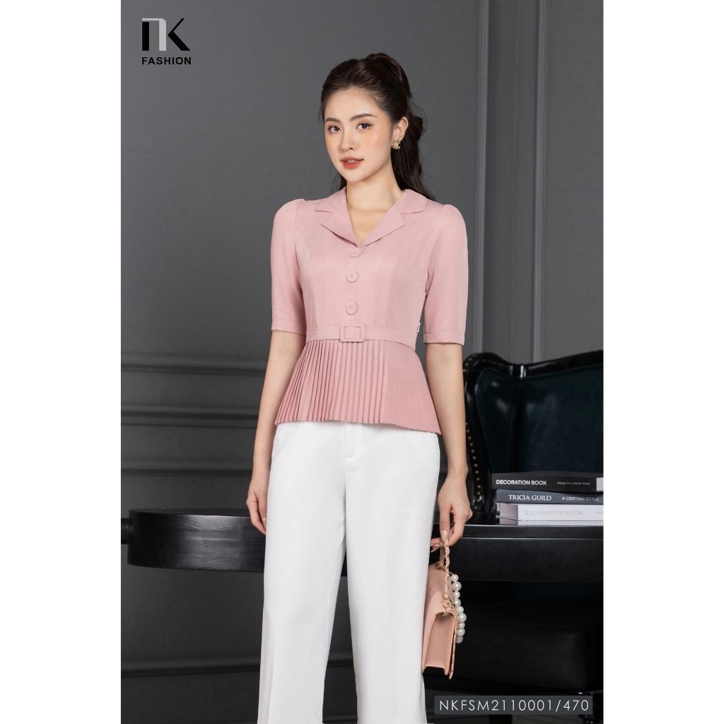 Áo Ký Giả Peplum Dập Ly UK Fashion Thiết Kế Tay Ngắn Bo Eo Điệu, Chất Liệu Nhập Hàn Mềm Mịn NKFSM2110001